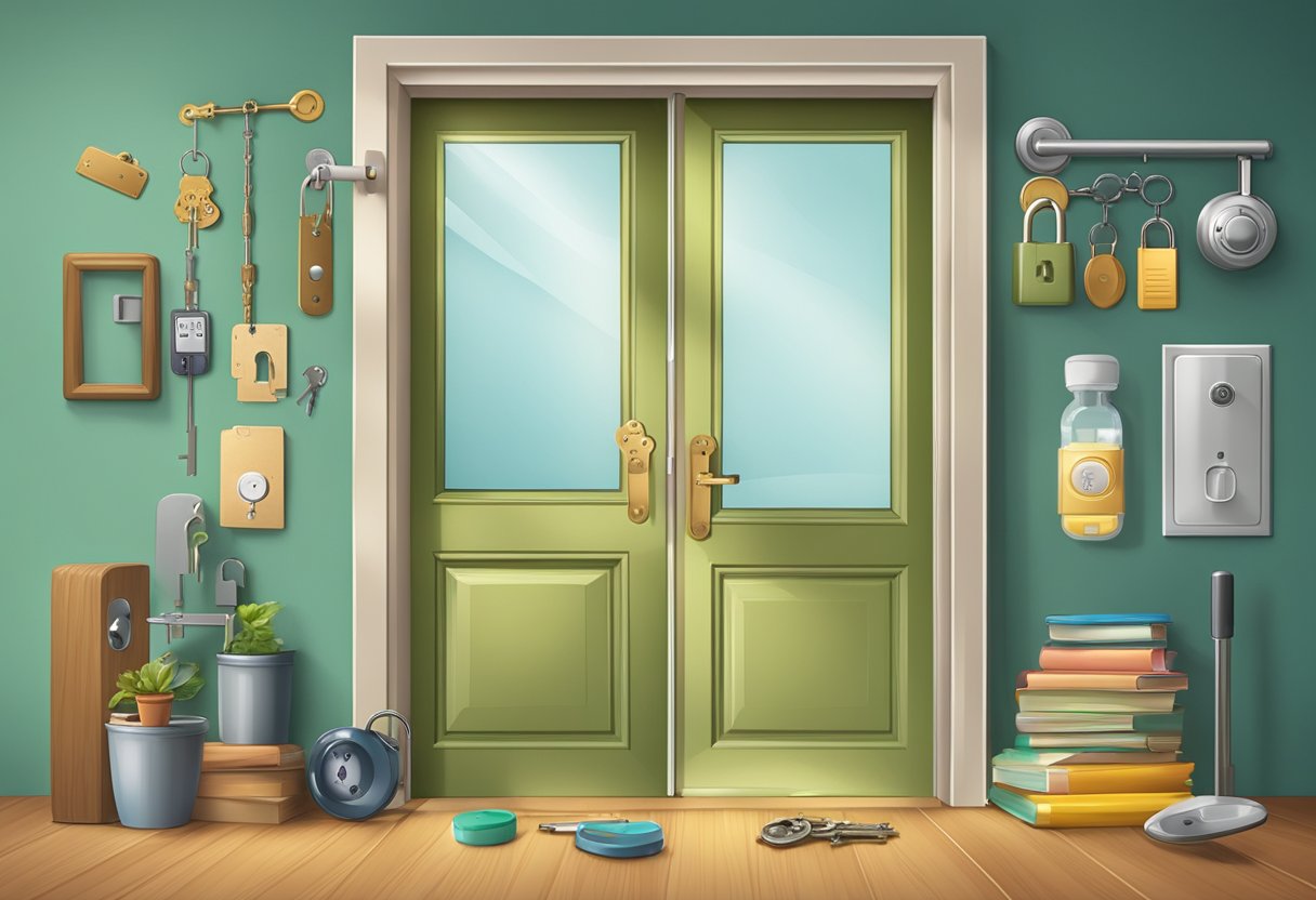 A residential door with a lock and key, surrounded by various household items, a set of keys, and a sign indicating "Frequently Asked Questions."