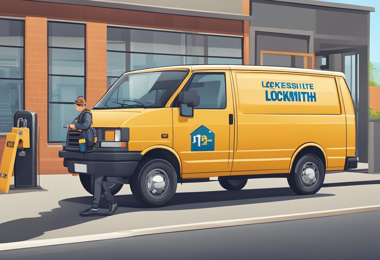 A locksmith van parked outside a commercial building with various locks and keys displayed on the side. A locksmith is seen working on a lock