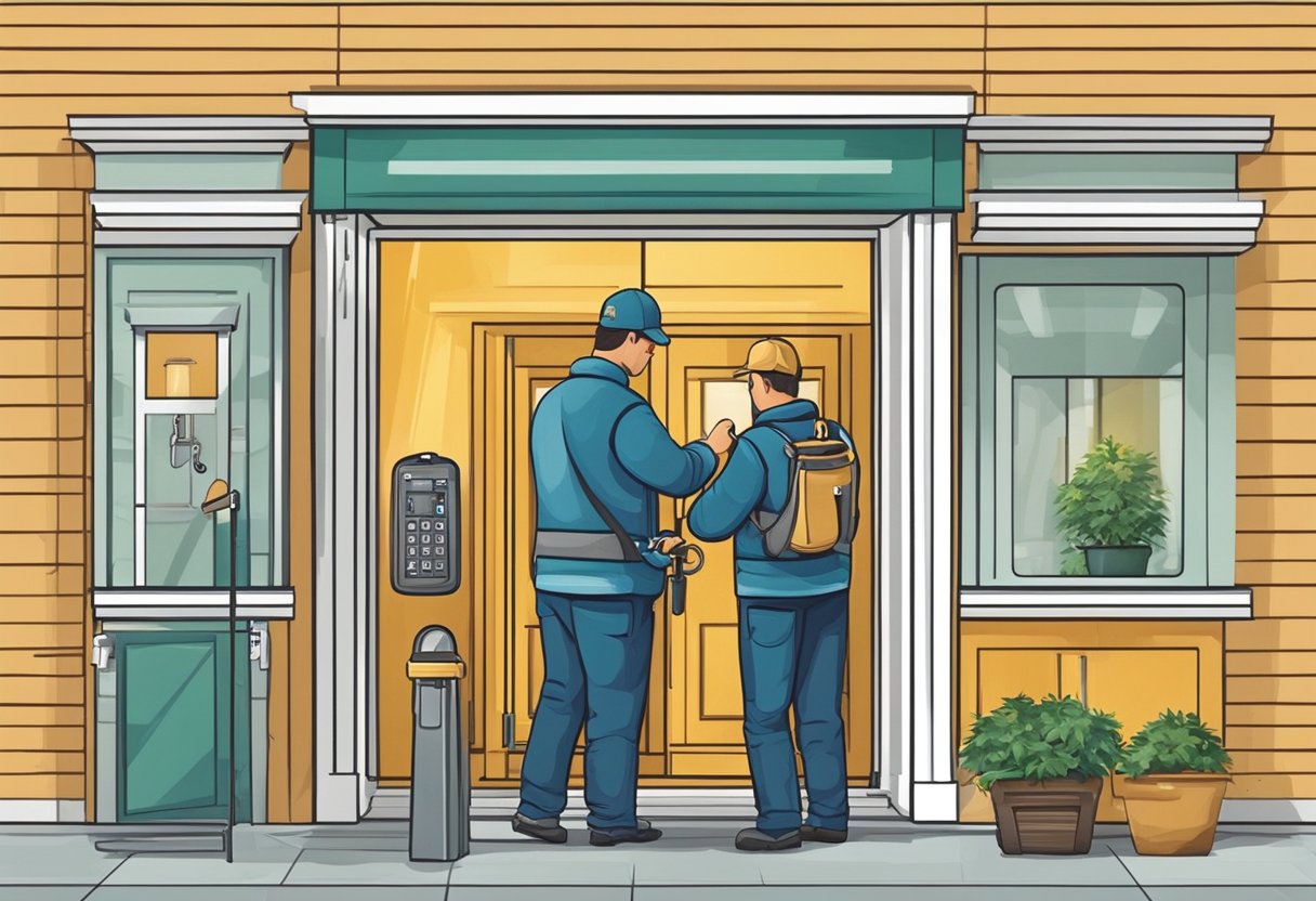 A locksmith unlocking a storefront door with a key and a set of professional tools