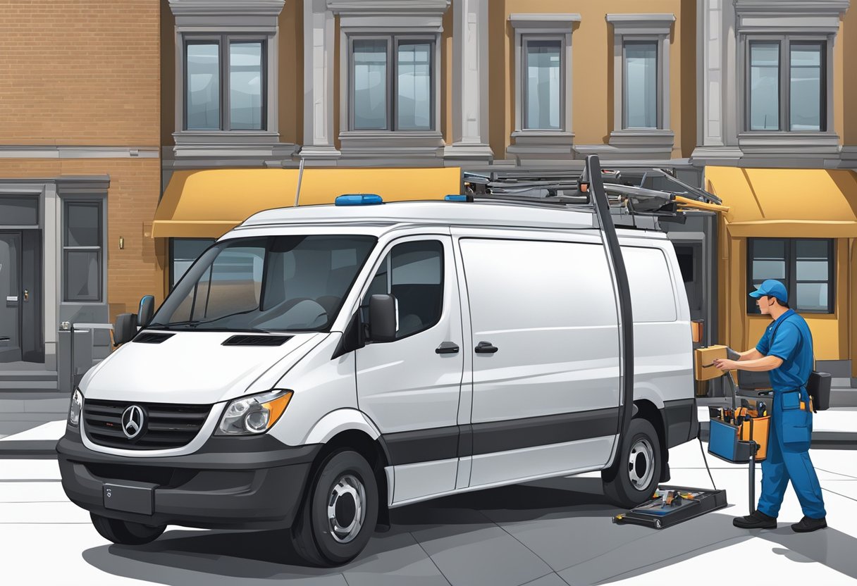 A locksmith van parked outside a commercial building, with tools and equipment being unloaded by a technician