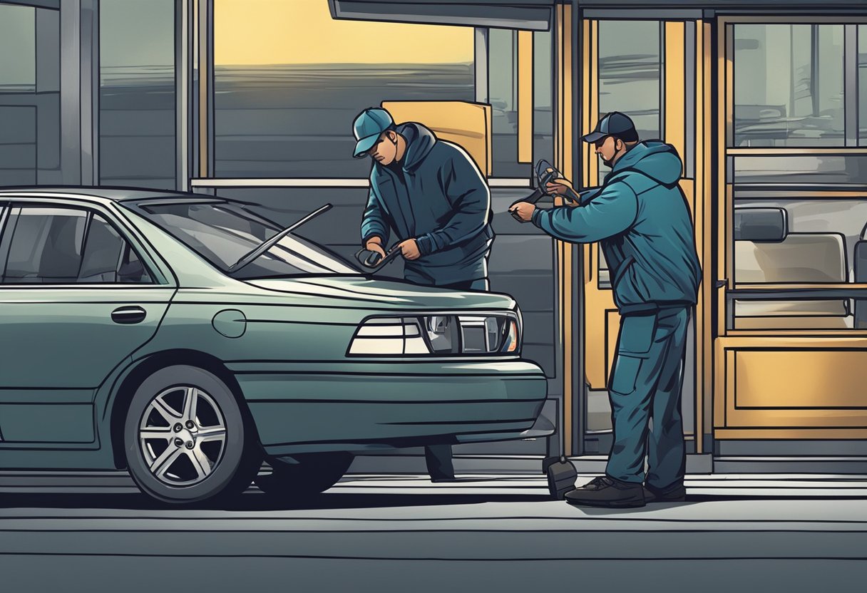 A locksmith using tools to unlock a car door in a dimly lit parking lot