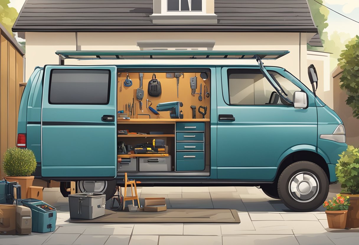 A locksmith's van parked outside a house, with tools and key-making equipment laid out on a workbench. The locksmith is speaking with a customer, who looks satisfied