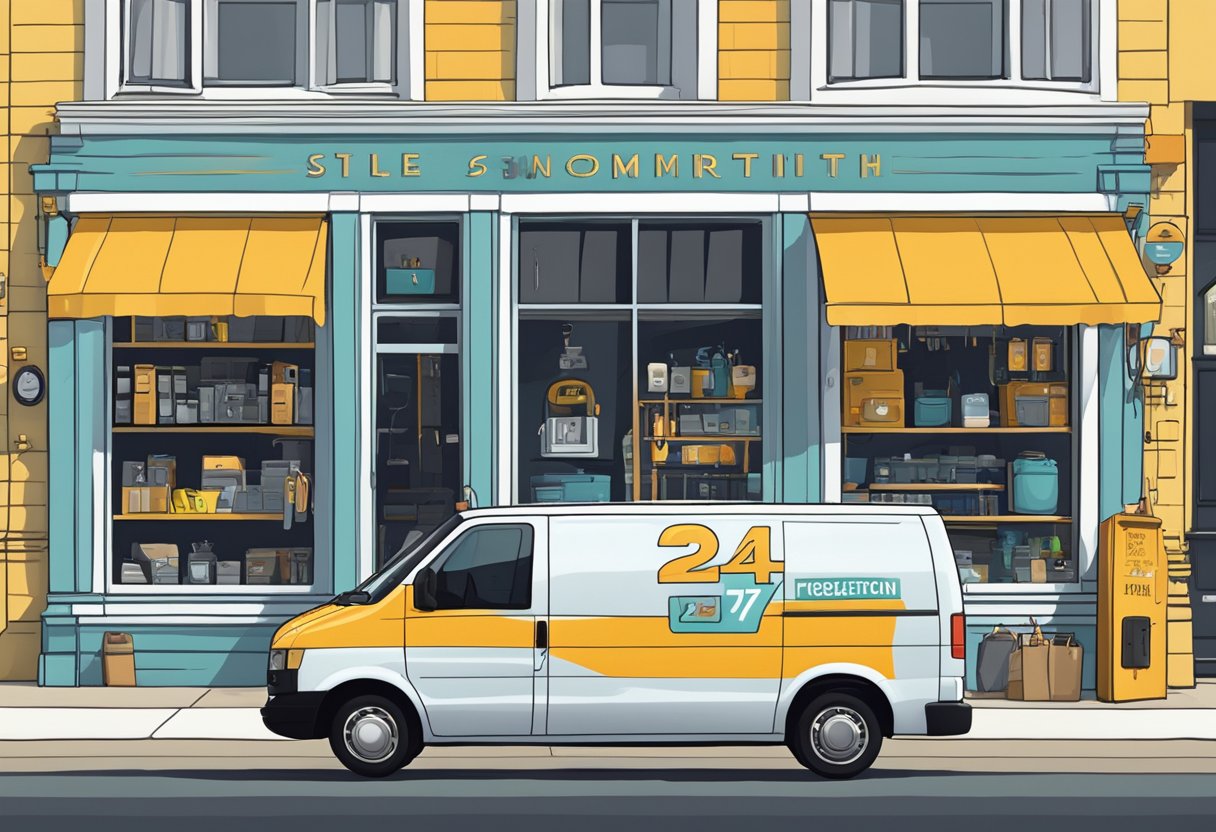 A locksmith van parked outside a brightly lit storefront in downtown Brighton, with a set of tools and a glowing "24/7" sign in the window