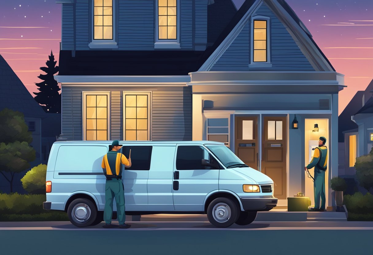 A locksmith van parked outside a home at night, with a technician installing a security system on the front door