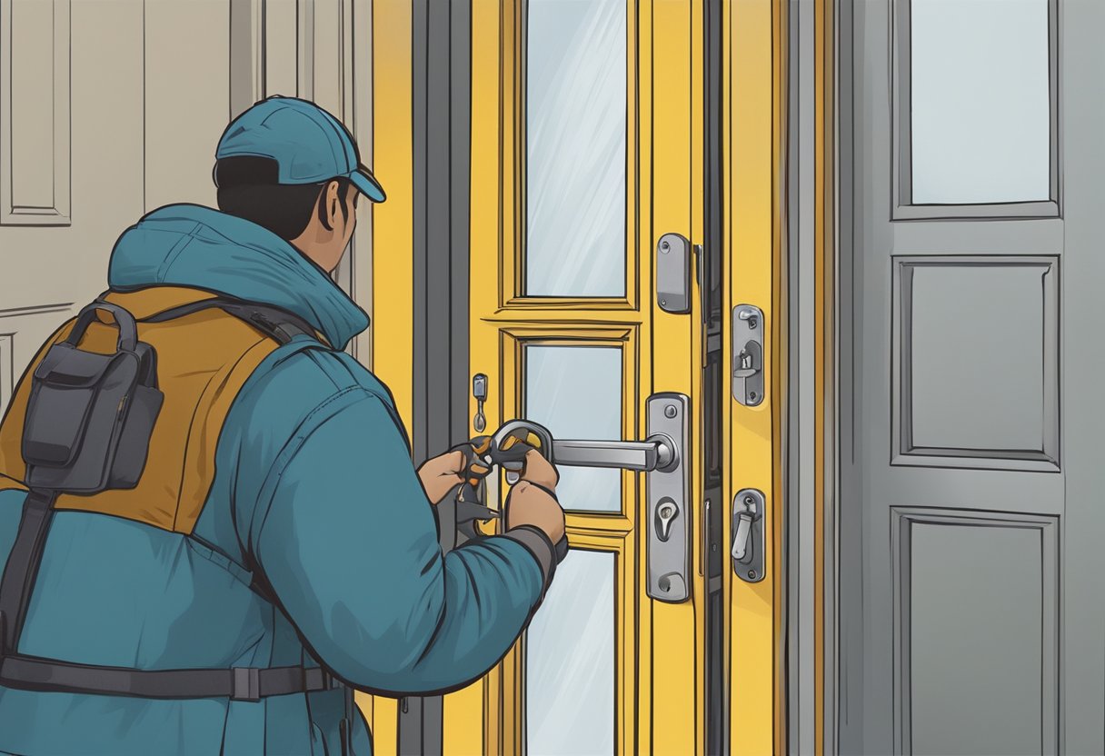 A locksmith using advanced tools to unlock a door at night in Brighton