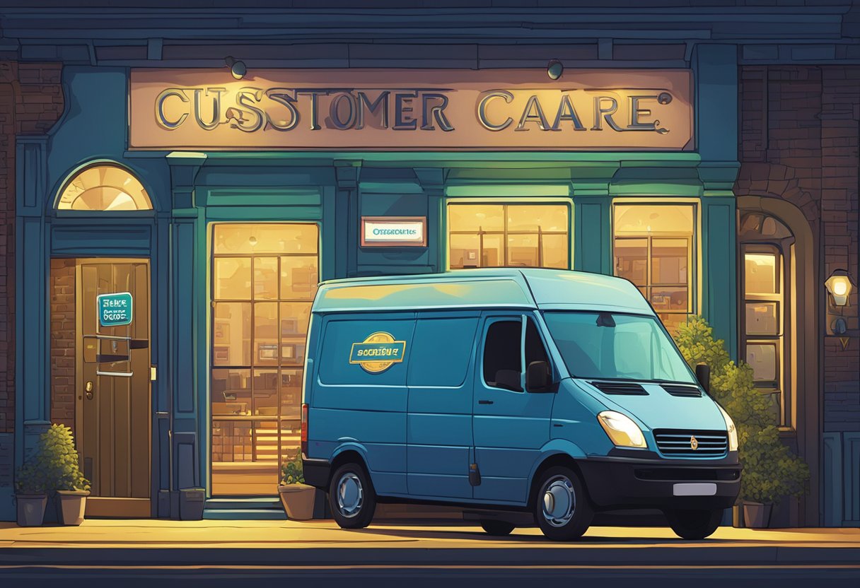 A locksmith's van parked outside a brightly lit storefront at night, with a glowing sign reading "Customer Care and Service Excellence 24/7 locksmith Brighton."