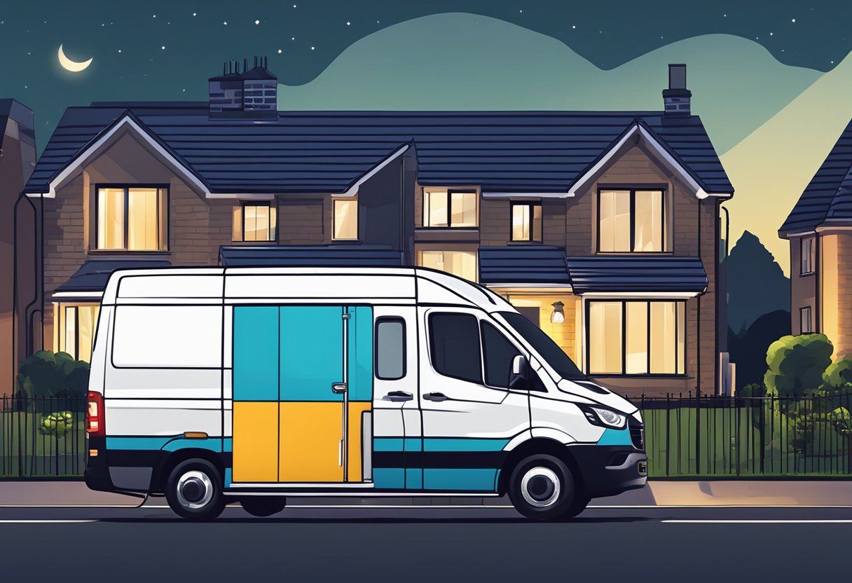 A locksmith van parked outside a residential home at night, with a bright streetlight illuminating the area. The van's logo displays "Mobile Locksmith Brighton" with various tools visible inside