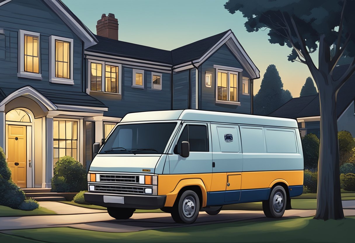 A locksmith van parked outside a residential home at dusk, with the locksmith carrying a toolbox and approaching the front door