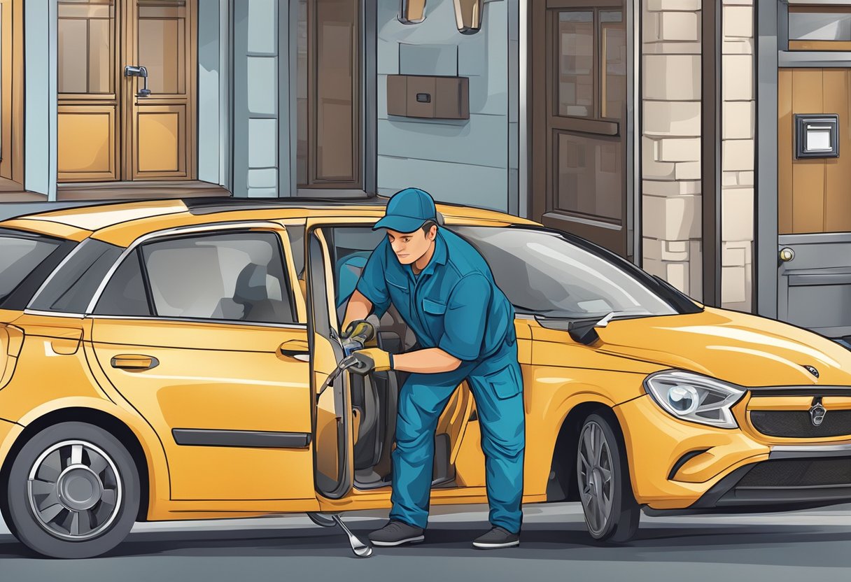 A locksmith expertly unlocks a car door with specialized tools