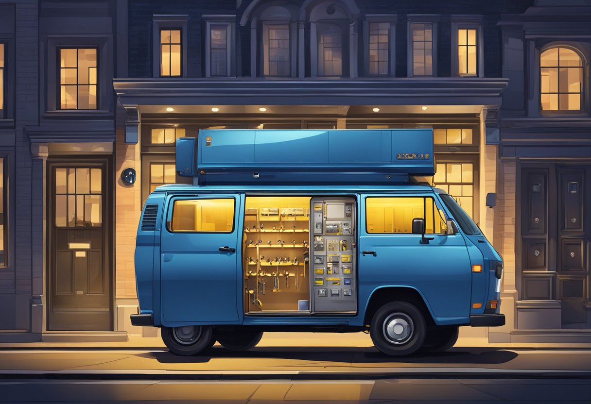 A mobile locksmith van parked outside a brightly lit building at night, with a set of keys and various lock and key systems displayed prominently