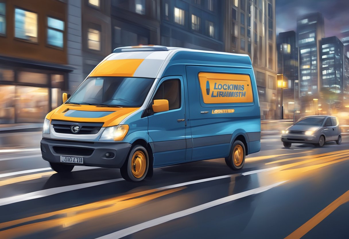 A locksmith van speeding through city streets, with flashing lights and a sense of urgency