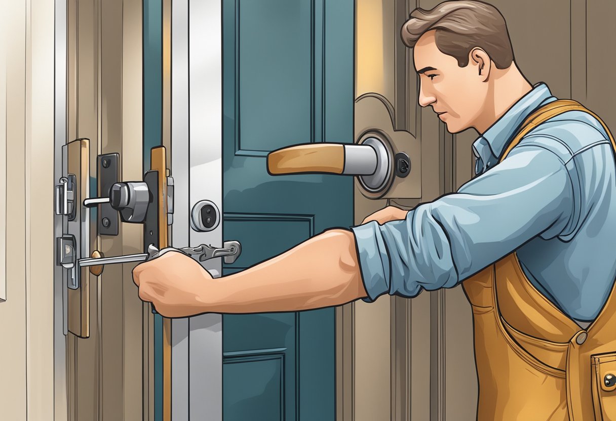 A locksmith using tools to repair a lock on a home's front door