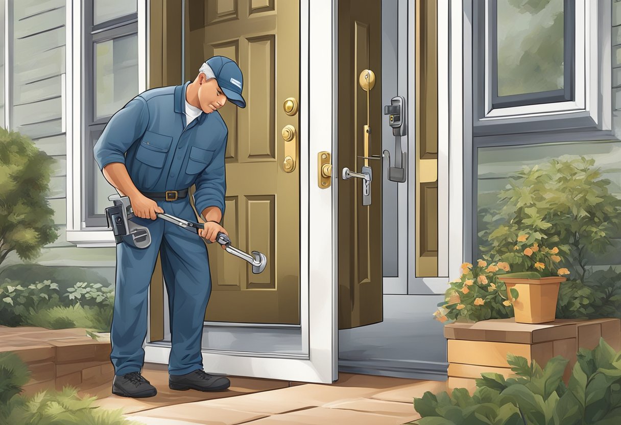 A locksmith using tools to unlock a front door of a suburban home