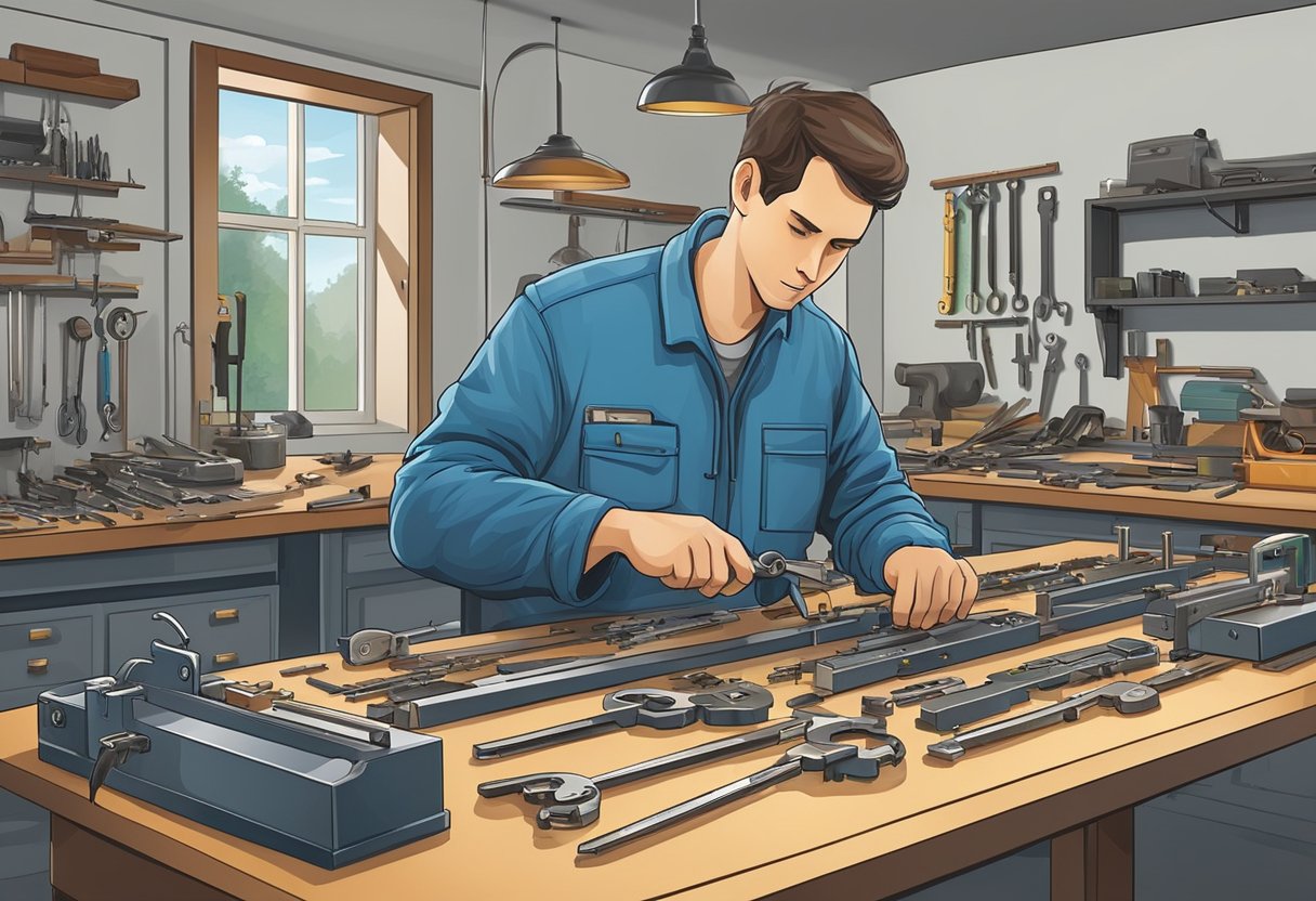 A locksmith cutting and duplicating keys at a workbench with various key blanks and cutting tools