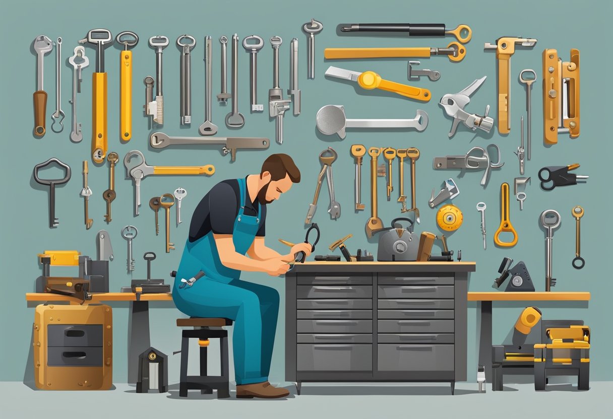 A locksmith carefully selects from a variety of keys and locks, surrounded by tools and equipment in a well-organized workshop