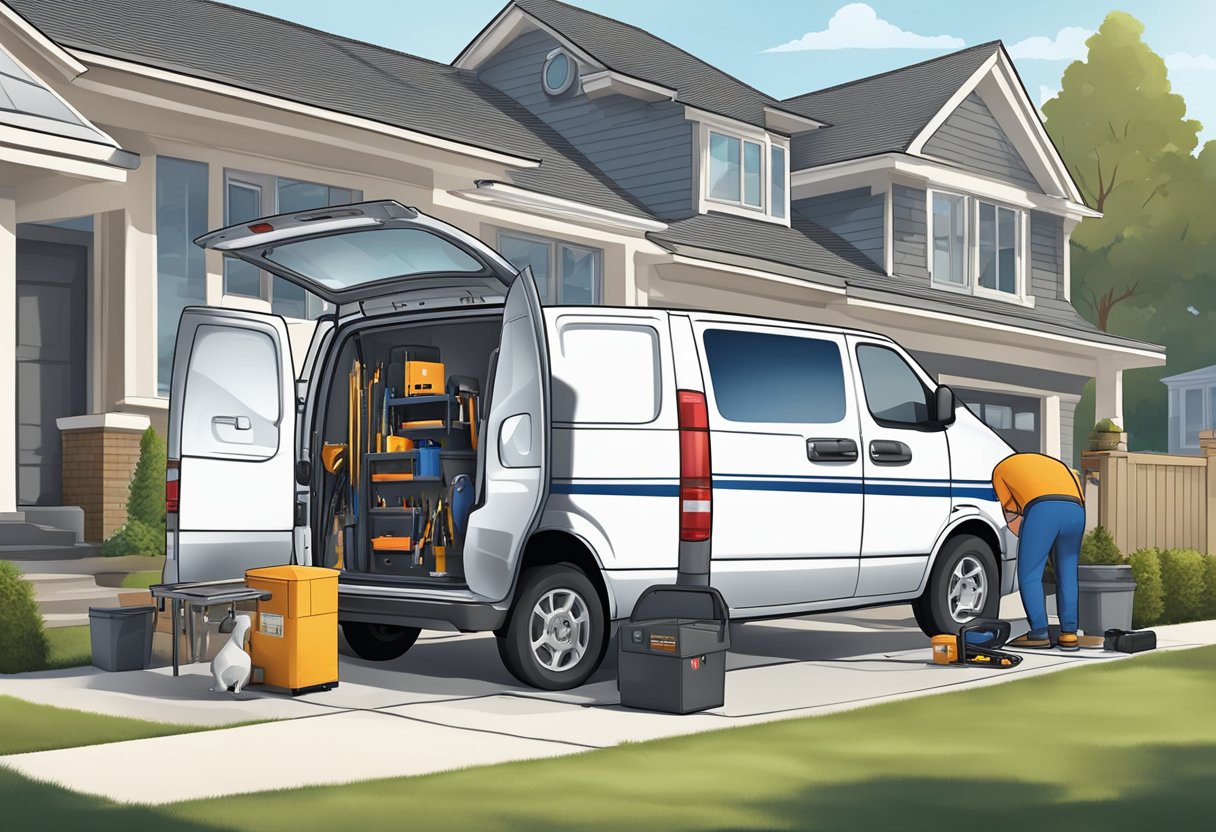 A locksmith van parked outside a suburban home, with tools and equipment being unloaded to provide mobile locksmith services