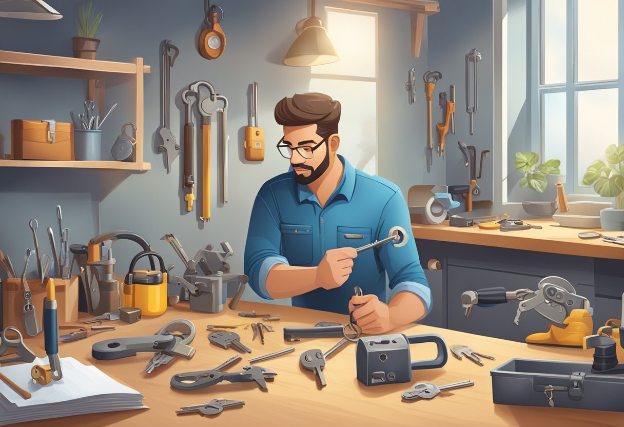 A locksmith rekeying a lock in a well-lit, tidy room with various tools and spare keys on a workbench