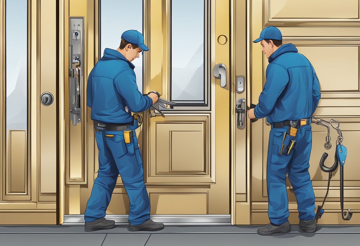 A locksmith working on a commercial door lock with a set of tools