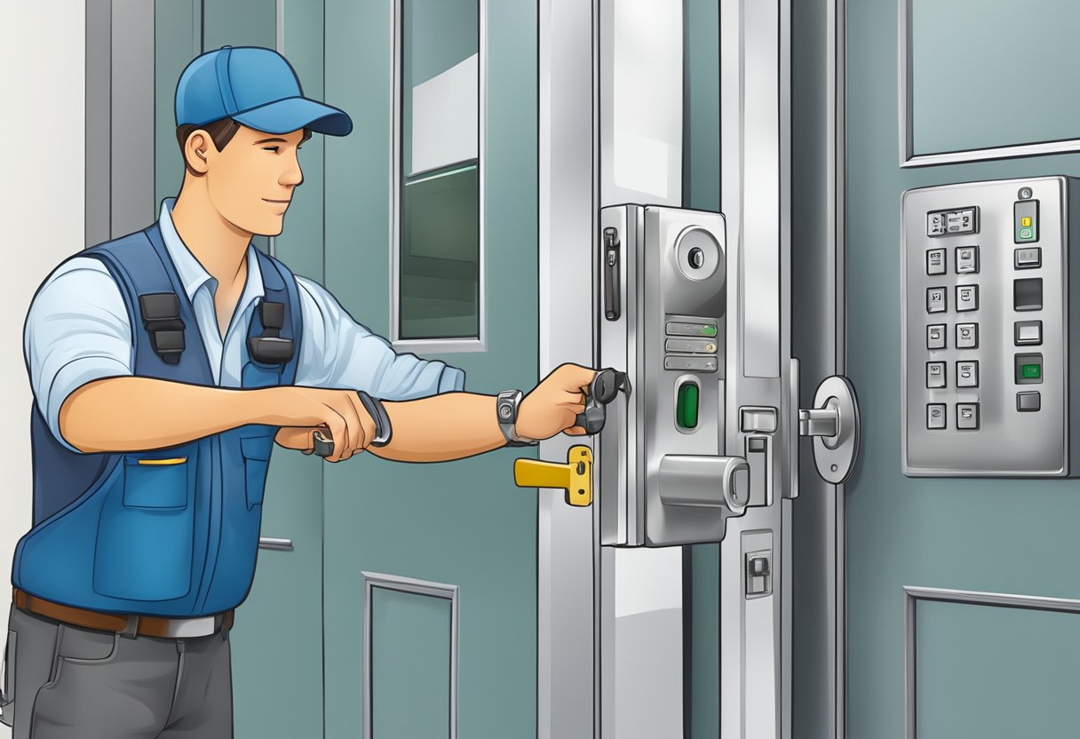 A locksmith installing a master key system on a commercial door with access control features