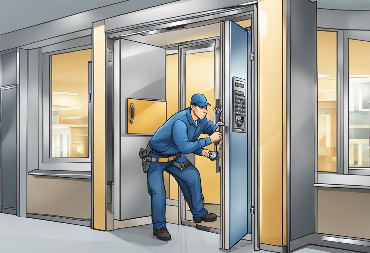 A locksmith installing high-tech security systems at a corporate office