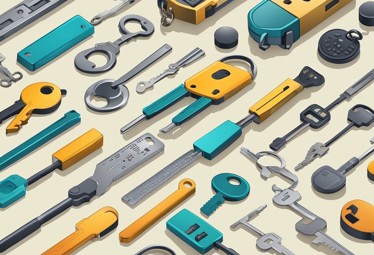 A locksmith duplicating keys for a business, surrounded by various key cutting and programming equipment