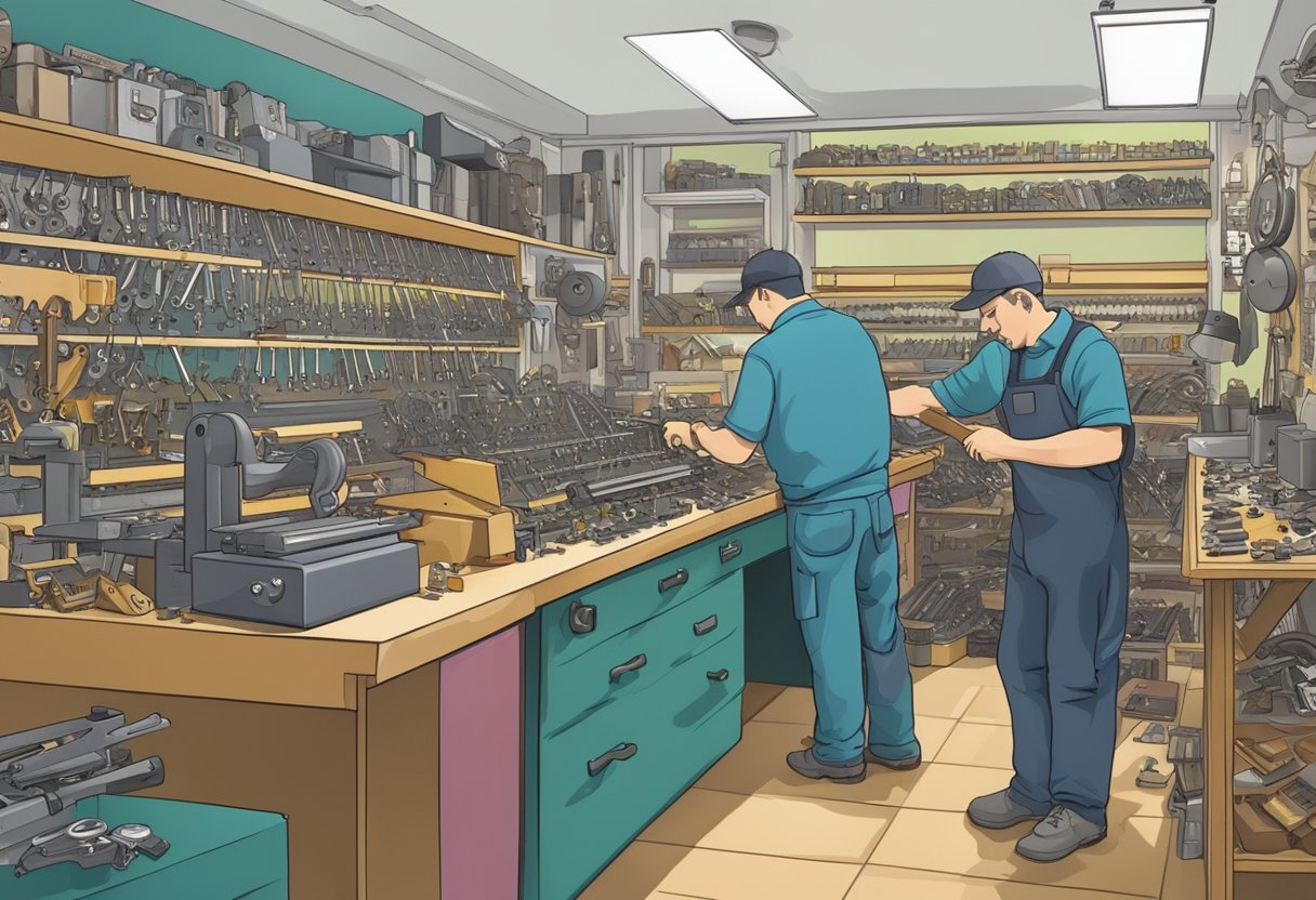 A locksmith cutting popular key types and blanks in a busy Brighton shop