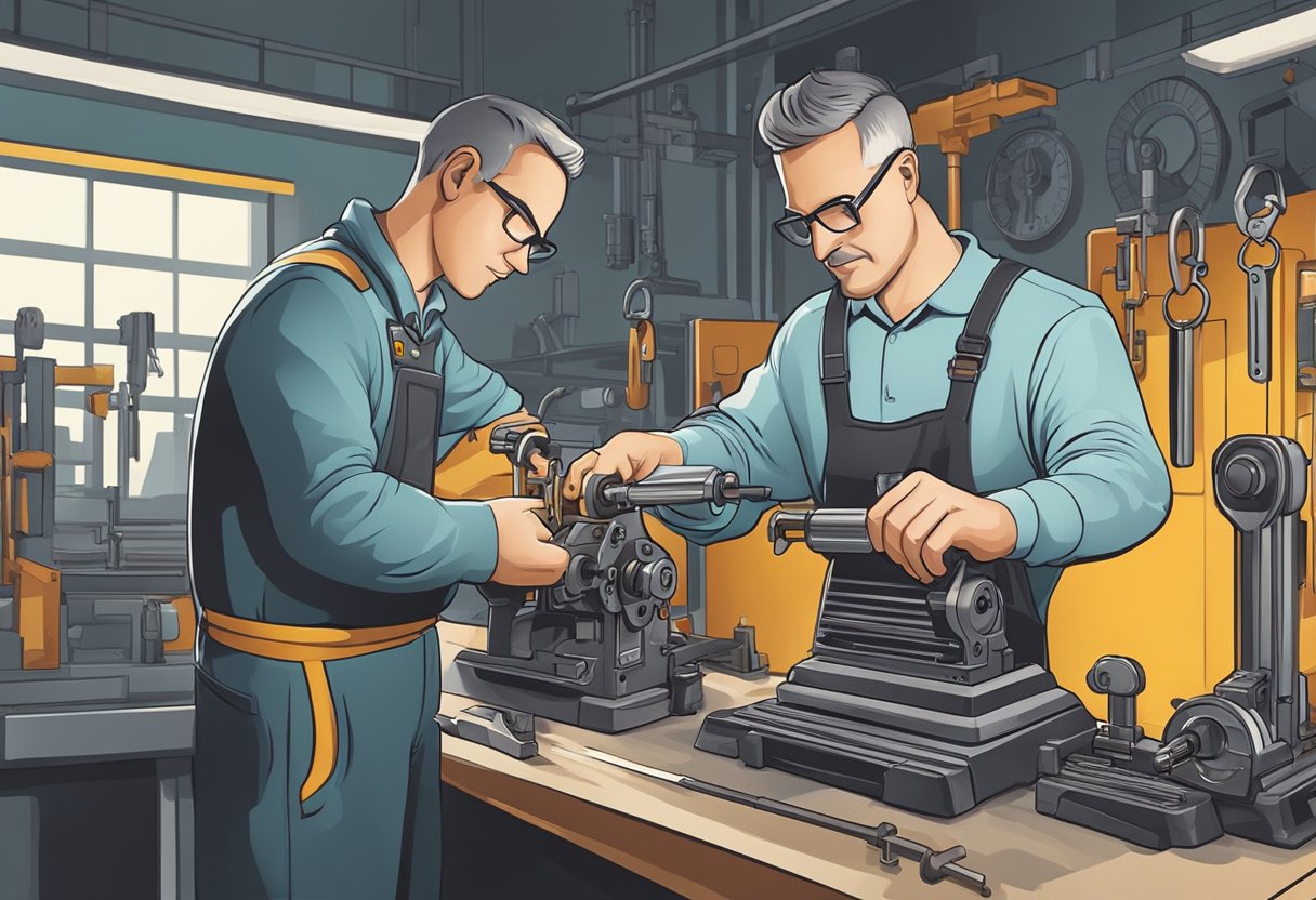 A locksmith cutting a unique key on a specialized machine in a bright, well-lit workshop