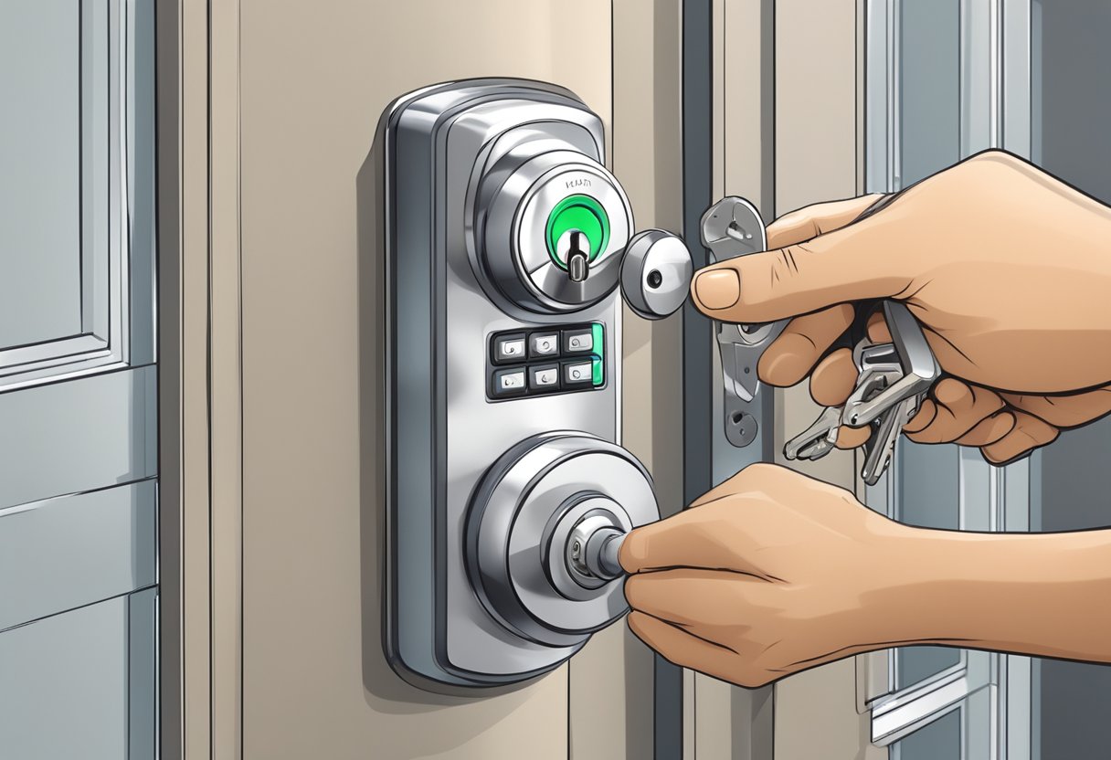 A locksmith installs a high-tech lock on a modern door in Brighton