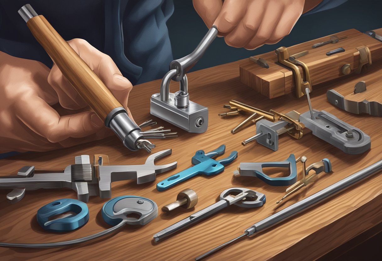 A locksmith skillfully repairing a lock with various tools on a wooden workbench