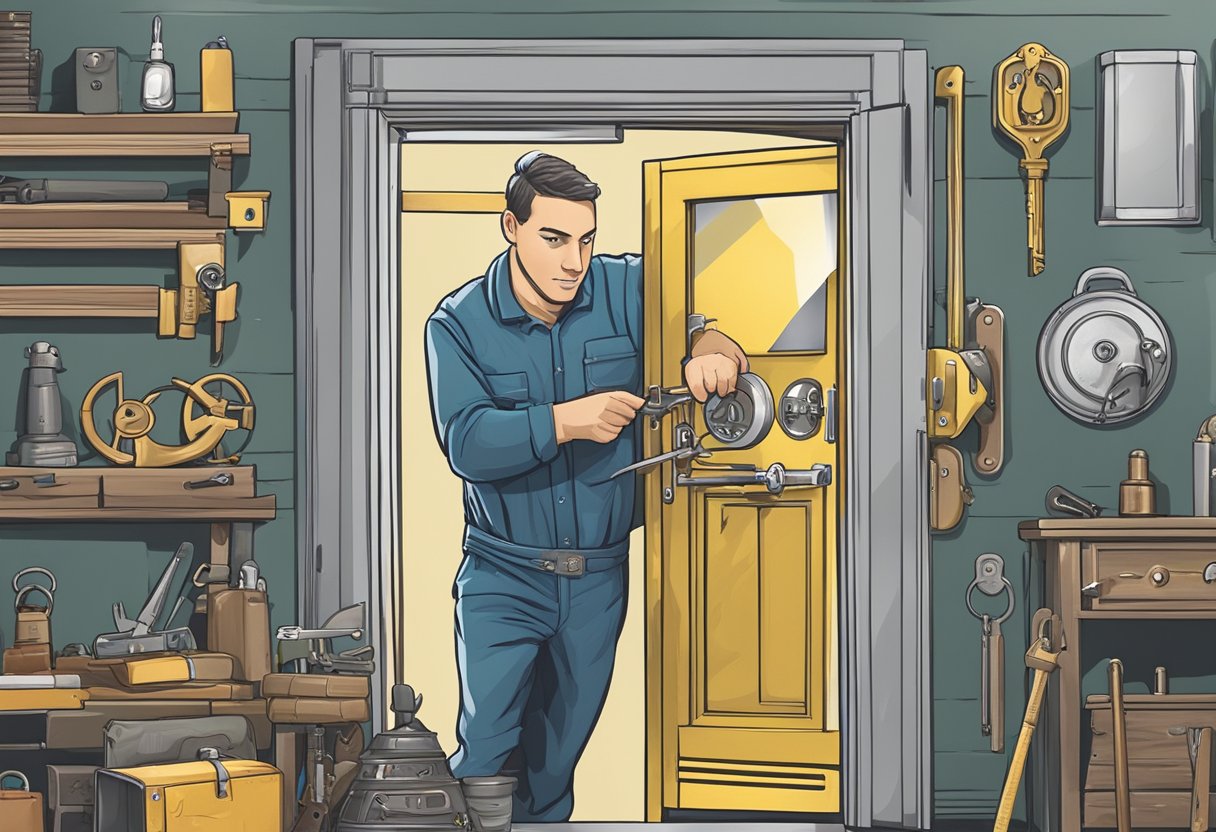 A locksmith in Brighton unlocks a door, surrounded by various tools and keys