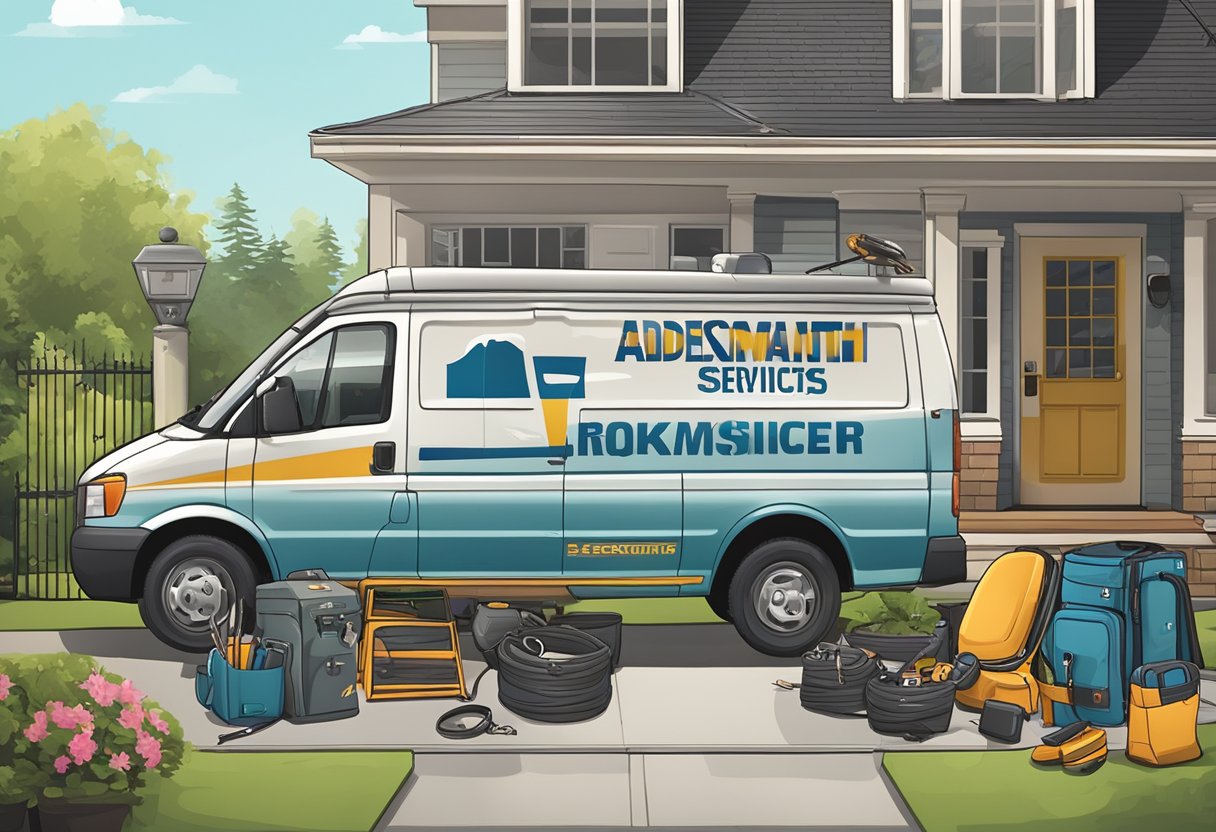 A locksmith van parked outside a house, with various tools and equipment laid out on the ground. A sign displaying "Additional Locksmith Services and Benefits" is prominently displayed on the van