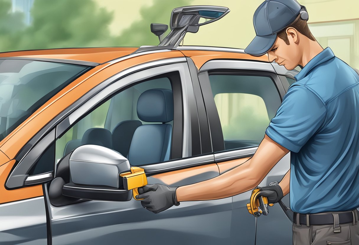 A locksmith unlocking a car door with specialized tools