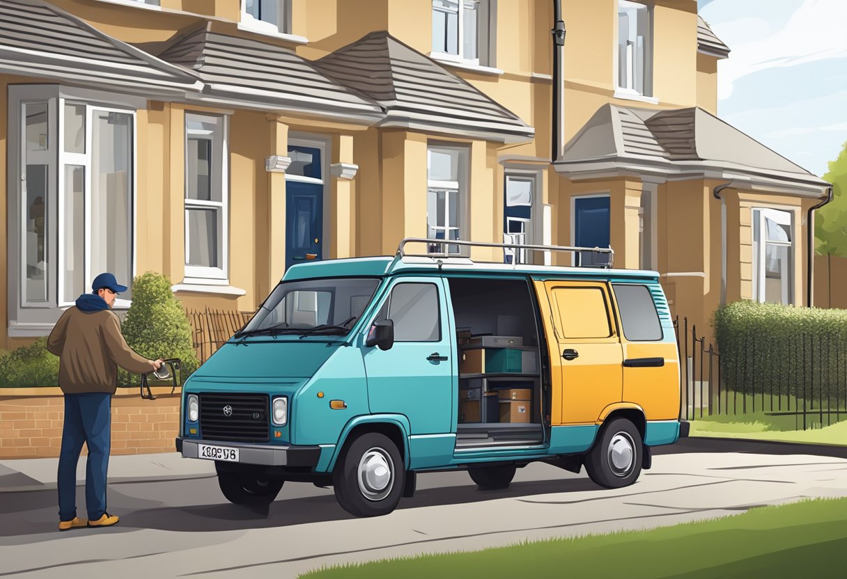 A locksmith's van parked outside a residential home in Brighton, with the technician using specialized tools to open a locked door