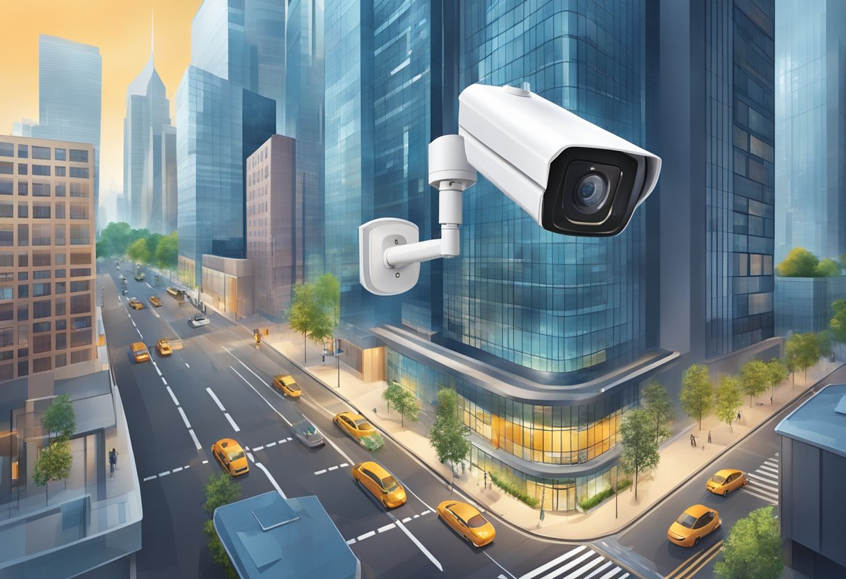 A modern security camera overlooks a bustling city street, while motion sensors and alarms protect a sleek office building