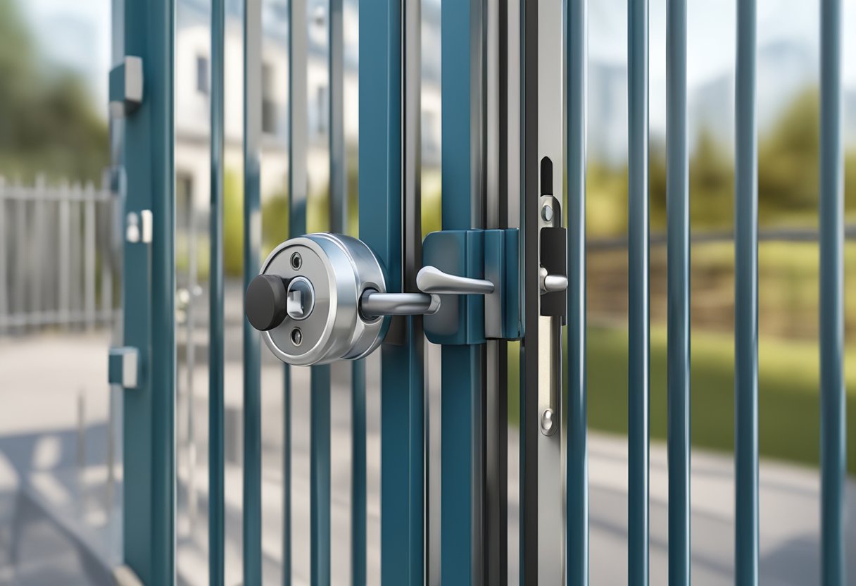 A high-security lock on a metal gate in Brighton, with reinforced bolts and a keyhole