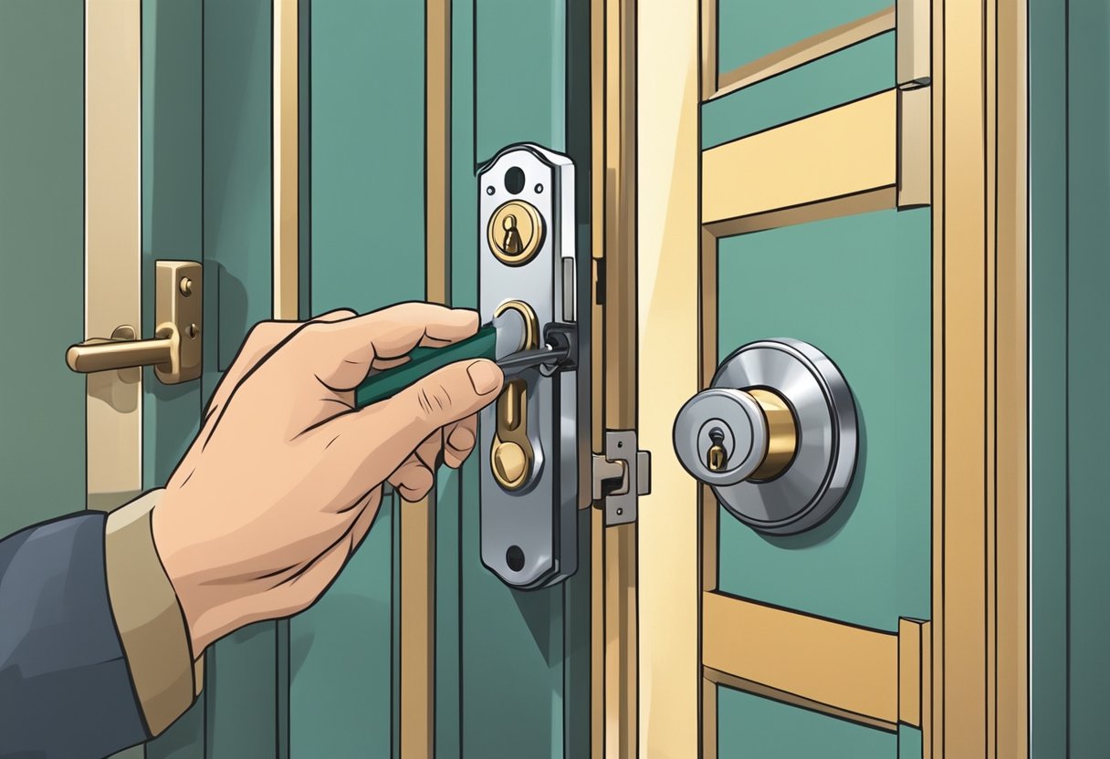 A locksmith carefully installs a high-security lock on a sturdy door in a well-lit room