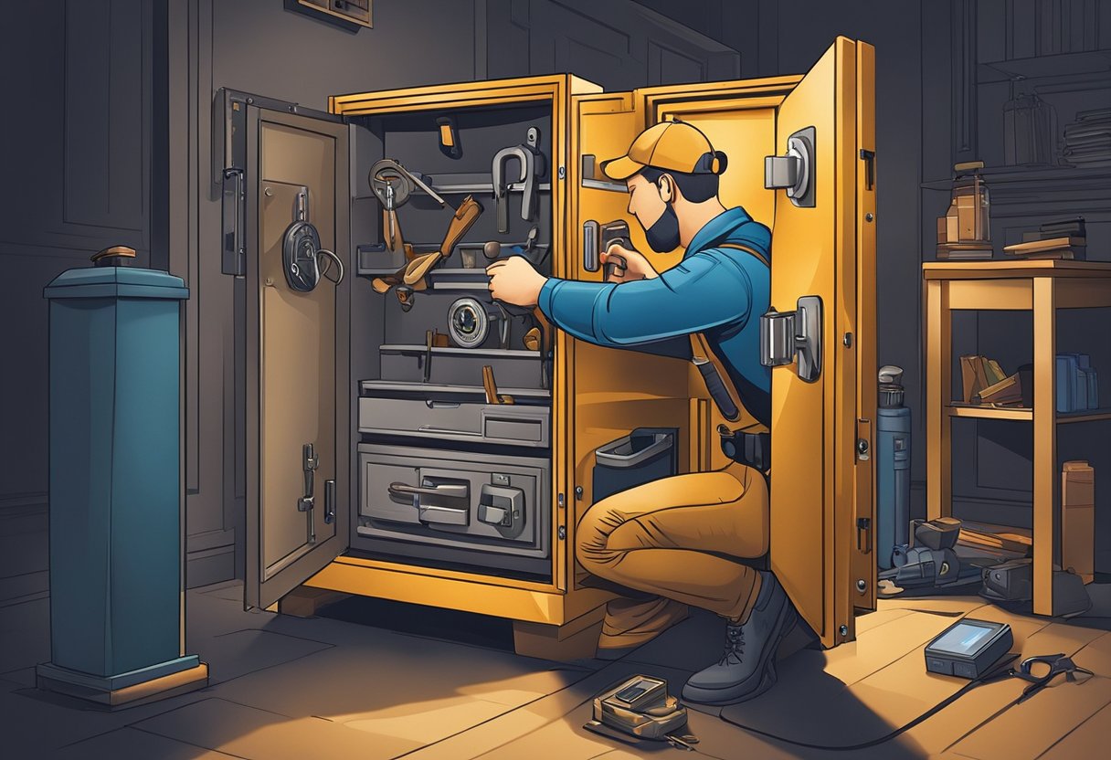 A locksmith carefully opens a safe in a dimly lit room with tools spread around