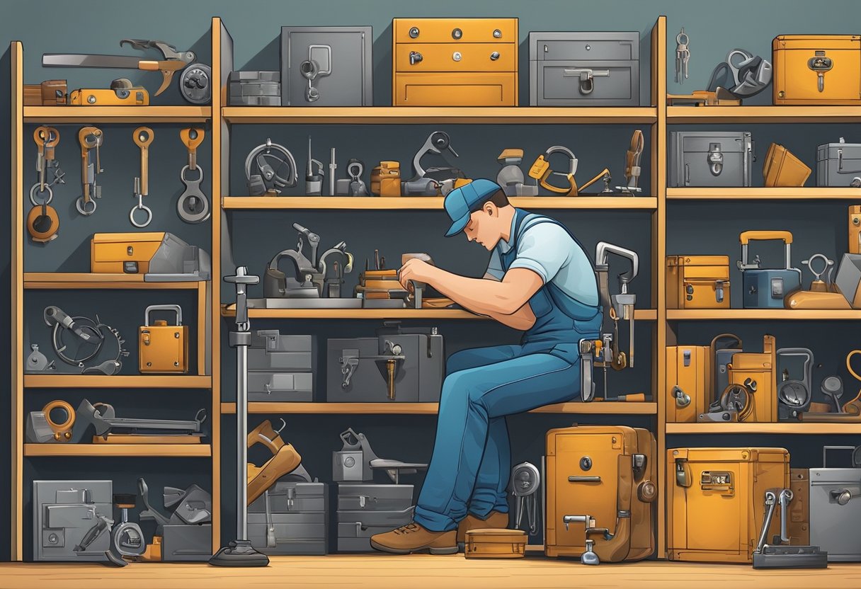 A locksmith expertly picks a lock on a safe, surrounded by tools and equipment