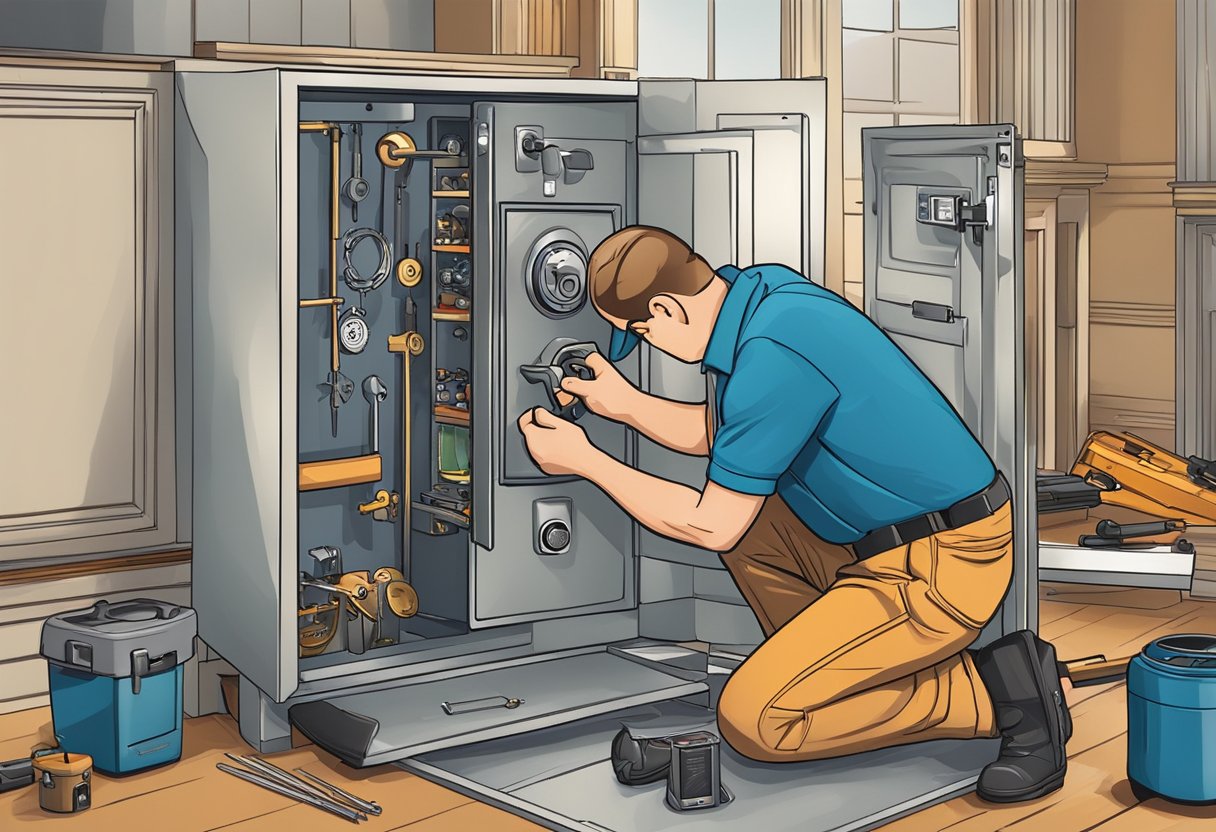 A residential locksmith in Brighton carefully opens a safe, surrounded by tools and equipment