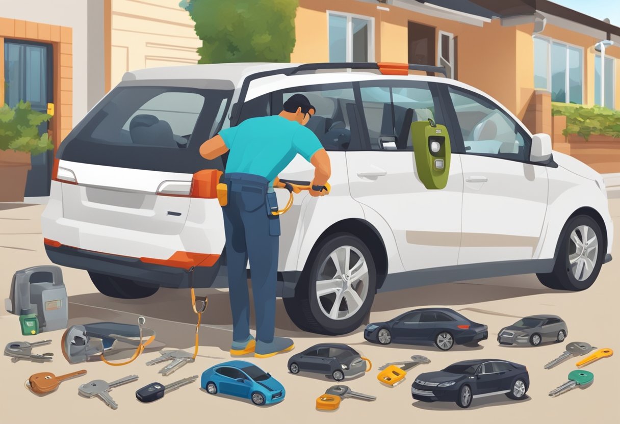 A locksmith using specialized tools to unlock a car door, with various keys and key fobs scattered on the ground