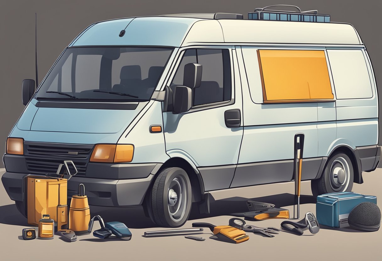 A locksmith's van parked outside a car, with tools and key cutting equipment laid out on the ground