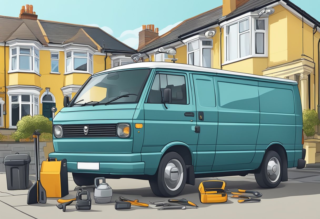 A locksmith van parked outside a car in Brighton, with tools and equipment laid out for automotive locksmith services