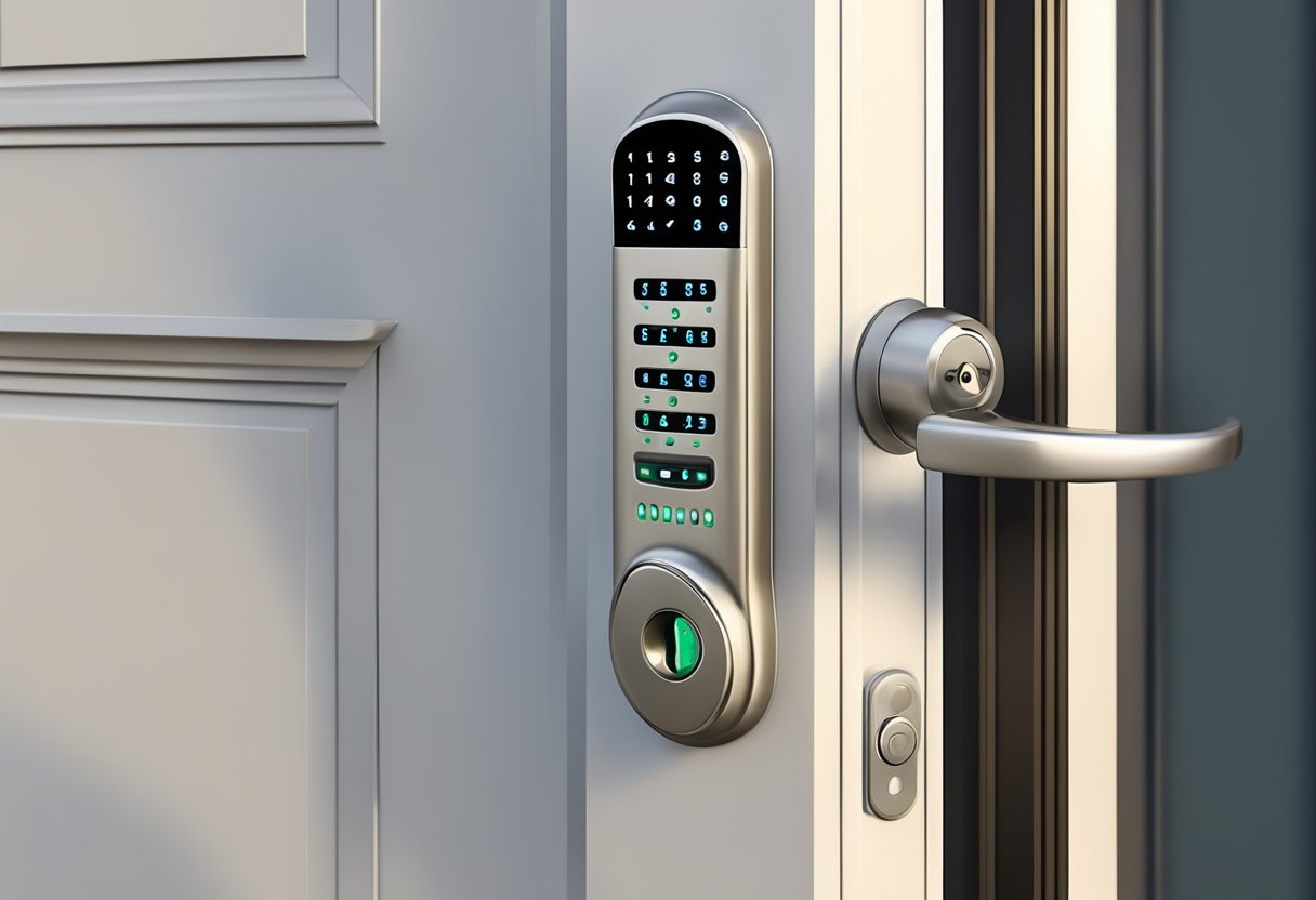 A modern, sleek keyless entry system on a sturdy, high-security lock on the front door of a contemporary Brighton home