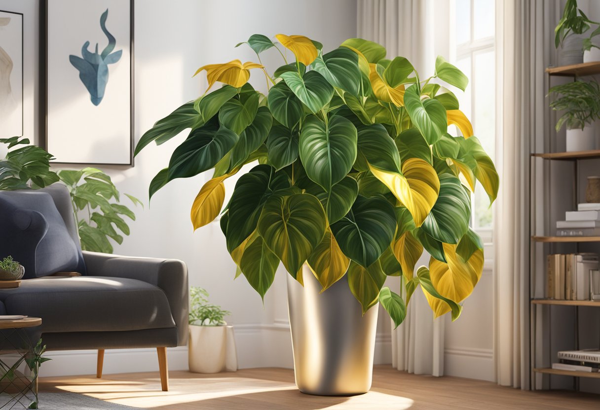 A lush philodendron 'imperial gold' cascades down from a hanging planter, its vibrant leaves catching the sunlight in a cozy living room corner