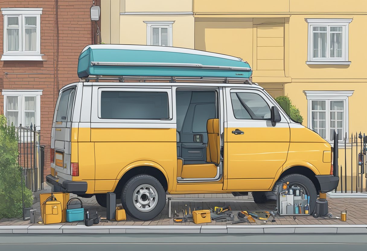 A locksmith's van parked outside a residential building in Brighton, with tools and key blanks scattered on the workbench