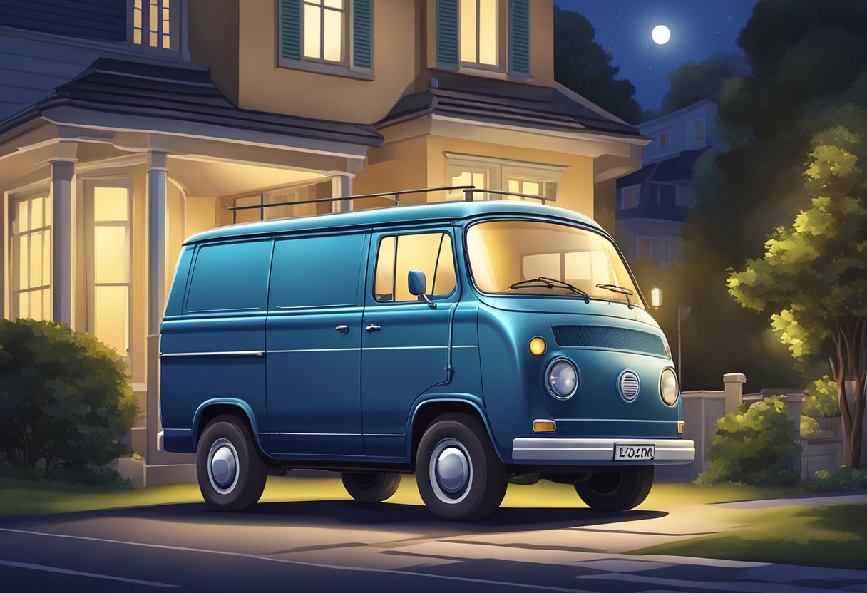 A locksmith van parked outside a house at night, with a bright light shining on the front door