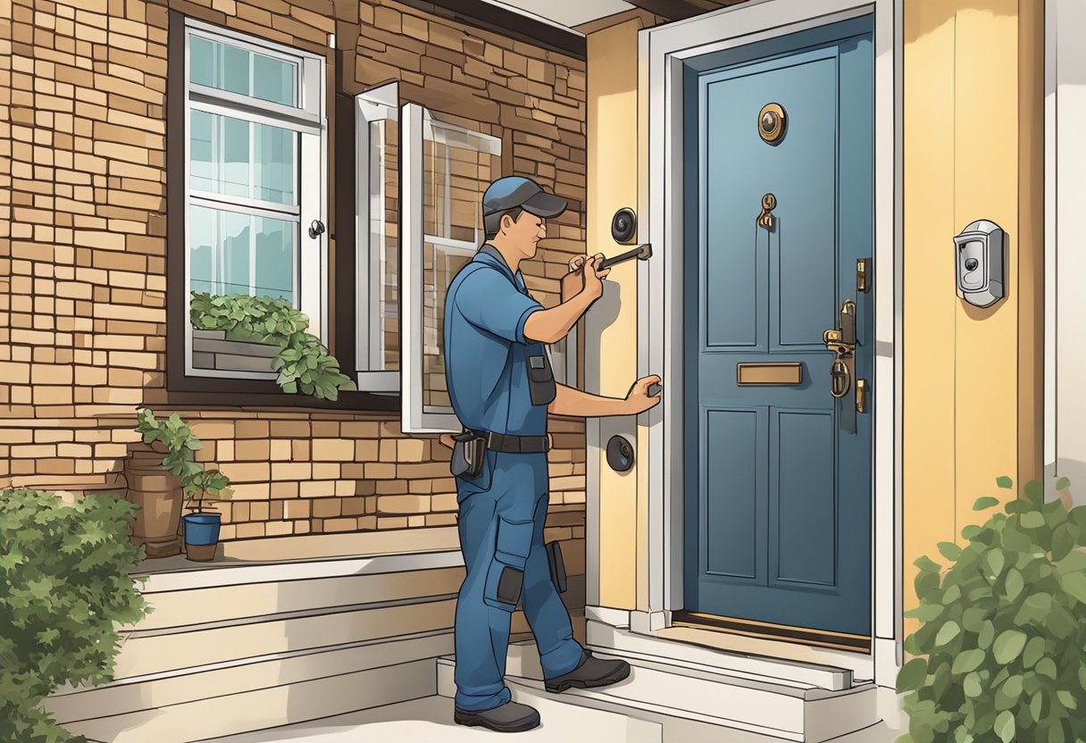 A locksmith installing a secure lock on a door in a well-lit, residential area