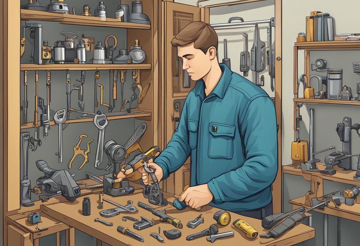 A locksmith in Brighton works on a door lock, surrounded by various tools and equipment