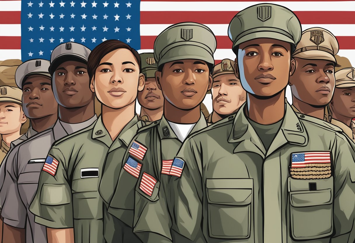 A diverse group of immigrants in military uniforms, standing together with an American flag in the background, symbolizing the career opportunities and benefits available to immigrants in the US military