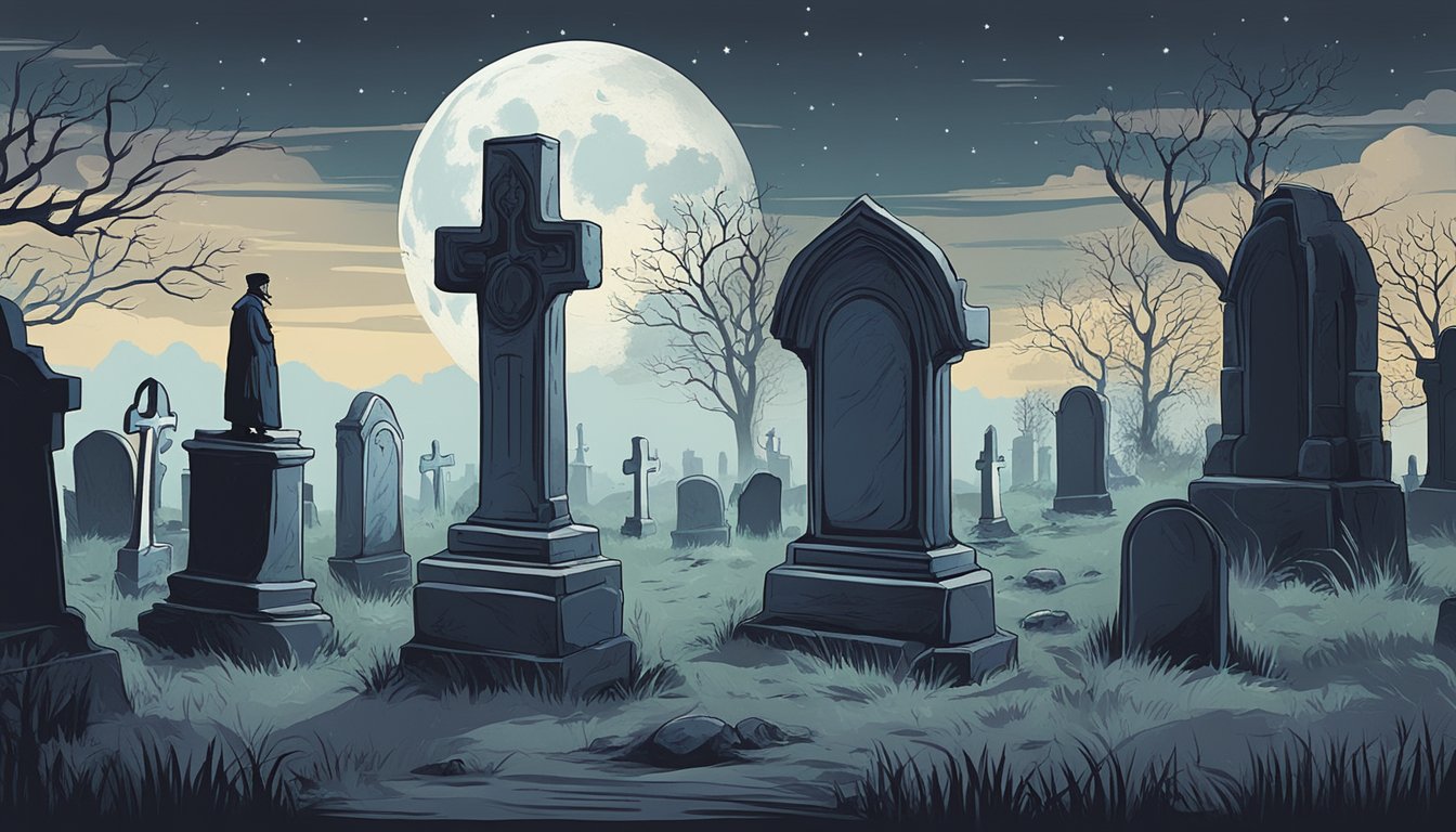 A moonlit graveyard with a mysterious figure standing by a weathered tombstone